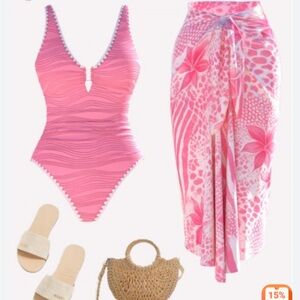 Pink V-Neck One-Piece Swimsuit - Pink